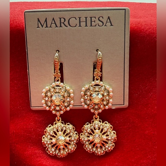 Marchesa Gold-Tone Crystal & Imitation Pearl Flower Double Drop Earrings - Picture 6 of 13